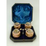 Pinder & Bourne cased 19th century pottery Salt Cellars: Salt Cellars with raised gilt decoration