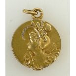 French Art Nouveau locket: Gold coloured metal, slide opening mirrored pendant / locket.