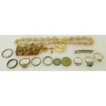 Collection of gold & other jewellery: Three gold rings, brooch and costume jewellery.