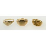 3 x gold Signet rings: 2 x 9ct & 1 x gold coloured metal, presumed 9ct gold. Gross weight 18g.