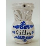 Early Delft Puzzle jug: 'Gilles' Puzzle jug height 17cm (chipped and cracked).