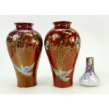 Pair of Wilton ware Lustre vases and Tibetan vase: Wilton vases decorated with Birds of Paradise,