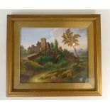 19th century hand painted pottery plaque: Plaque painted with a castle scene with children playing,