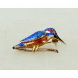 9ct gold Enamel Kingfisher brooch: Yellow gold bird with bright enamel plumage,