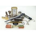 A collection of items: Collectables including a silver salt shaker, silver topped scent bottles,