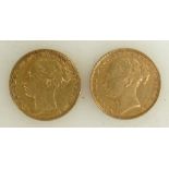 Two Full gold Sovereign coins: Queen Victoria dated 1877 & 1885.