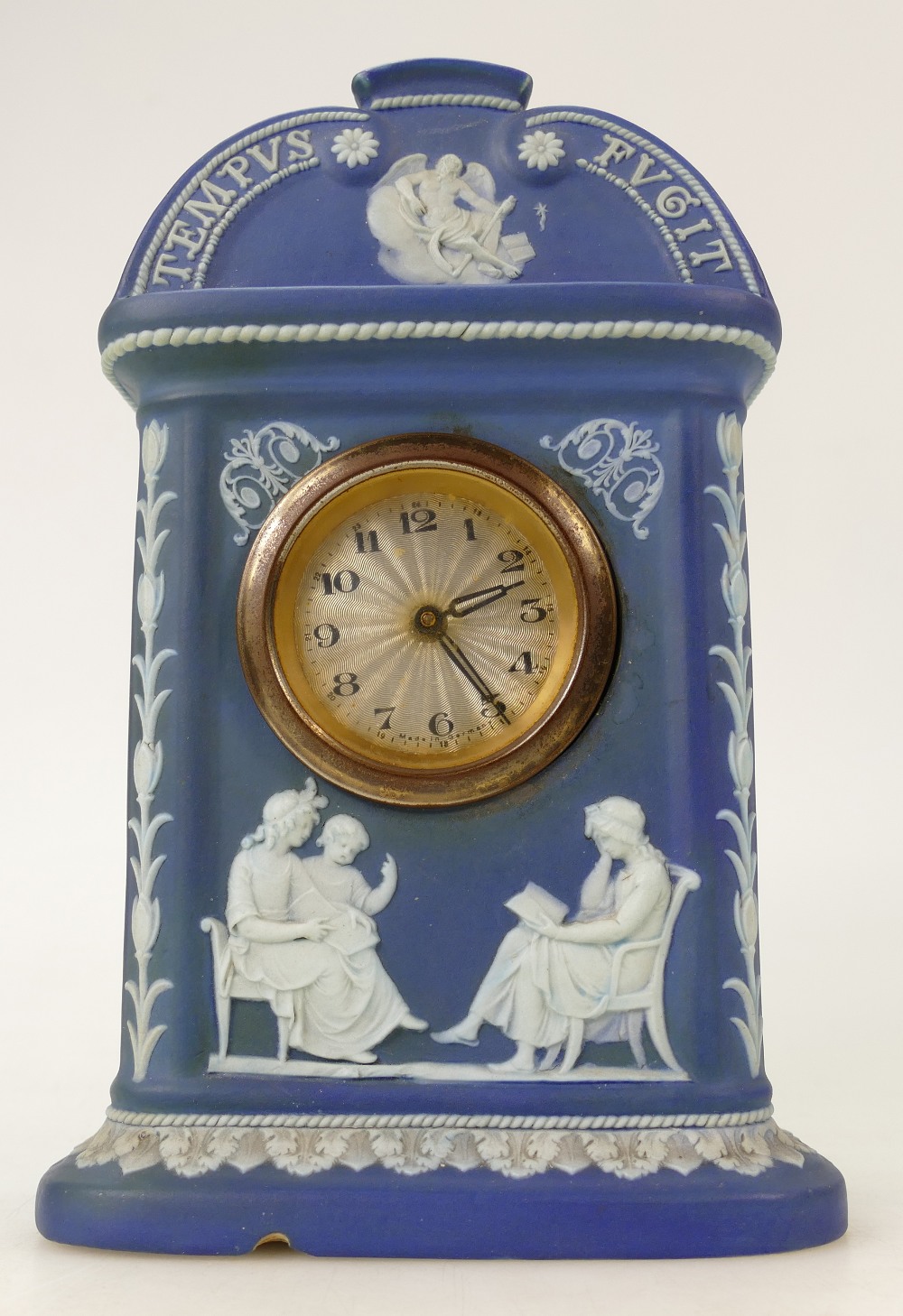 Wedgwood late 19th century dip dark blue Jasperware Mantle clock: Tempus Fugit clock,