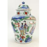 Chinese 19th century Temple Jar: Temple Jar with court decoration (extensive crack to body,
