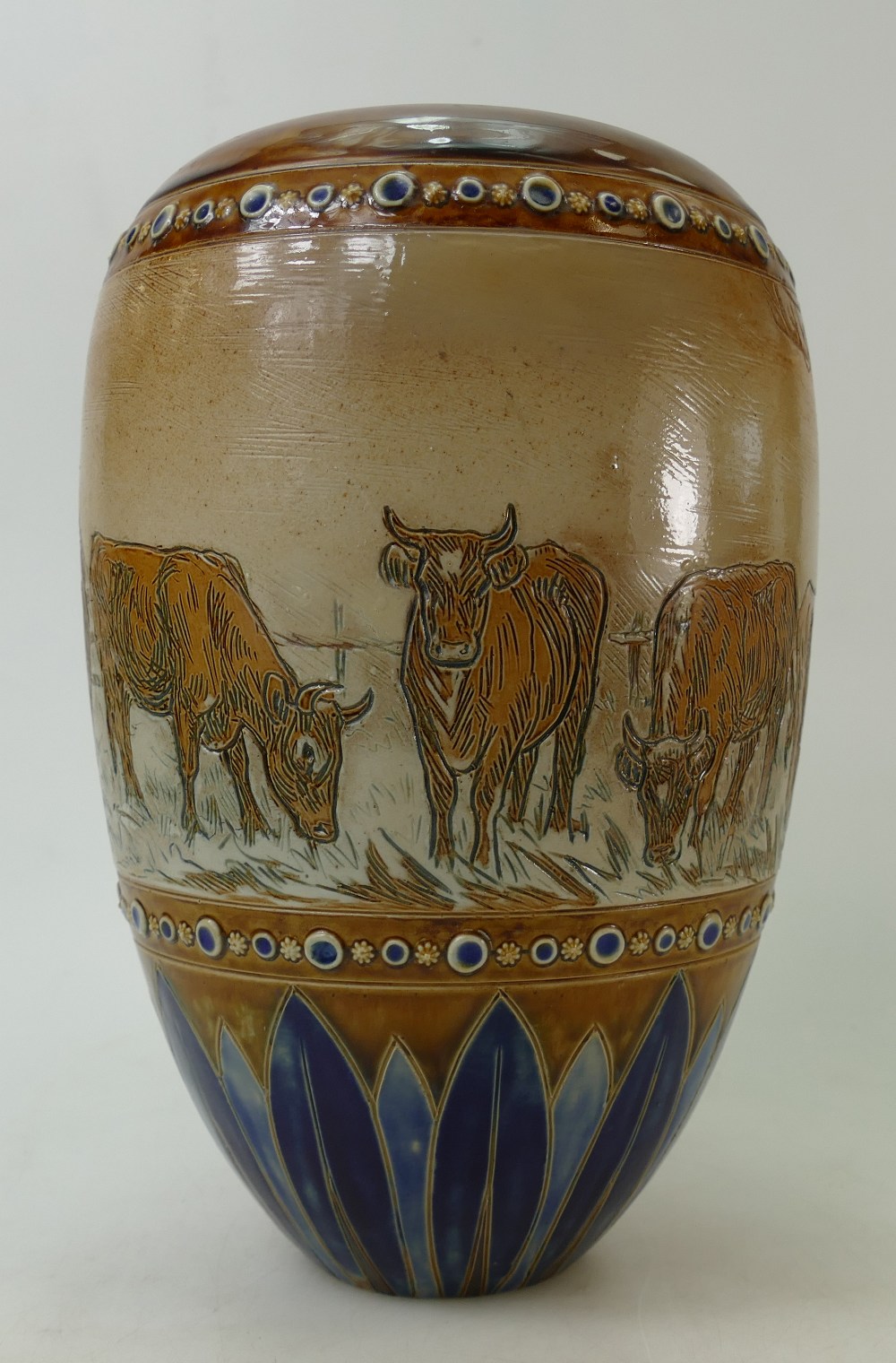Royal Doulton Hannah Barlow vase: Vase by Royal Dolton decorated all around with cattle and donkeys - Image 3 of 5