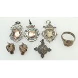 Group of silver items: 3 x fobs, St. John Ambulance medal, ring & earrings, 33g gross.