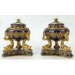 Early Derby pair of lidded pots: Derby pot pourri vases with reticulated lids.