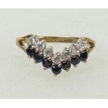 9ct gold Wishbone ring: Ring set with sapphire and cz, size L/M, 1.5grams.