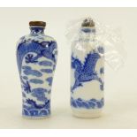 Chinese 19th century blue and white Snuff Bottles: Snuff bottles with lids and spoons (one lid