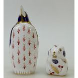 Royal Crown Derby paperweights: Penguin with gold stopper and harvest mouse with ceramic stopper.
