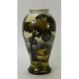 Moorcroft trial landscape vase: Vase decorated with a dark grey green landscape 2013, height 26.5cm.