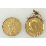 Gold Full Sovereigns: Two Sovereigns, one dated 1890 and the other 1914 - in 9ct mount weighing 1.