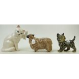 Beswick Animals: Wensleydale Sheep 4123, Seated White Cat 1877 and Persian Swiss Roll Kitten 1885.