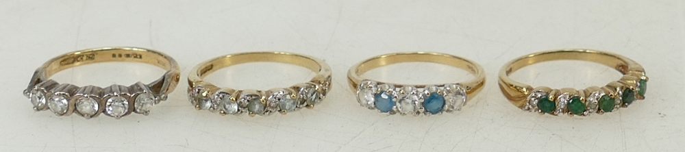 4 x 9ct gold gem set rings: White gem 5 stone size P, diamond & aquamarine (or similar) P,