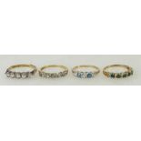 4 x 9ct gold gem set rings: White gem 5 stone size P, diamond & aquamarine (or similar) P,