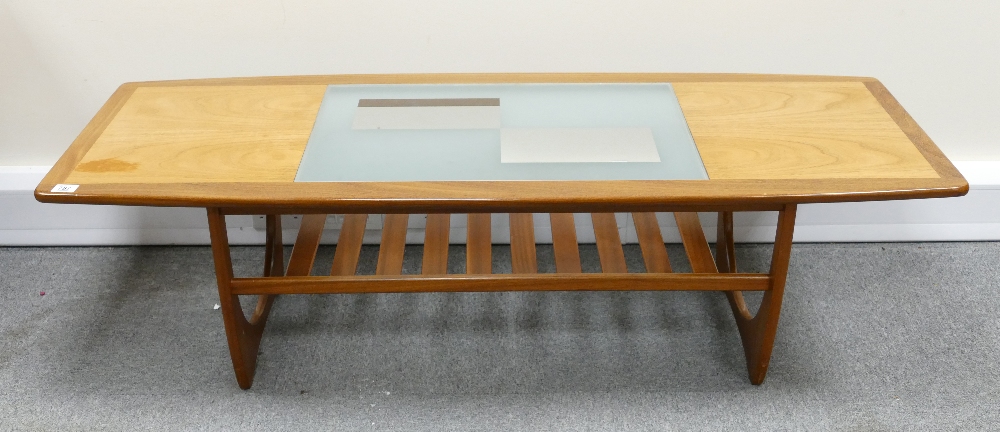G Plan Teak coffee table: Coffee table with glass inserts. 153cm x 54cm x 45cm high.