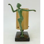 Art Deco table lamp with metal figure: Green painted white metal female dancing maiden.