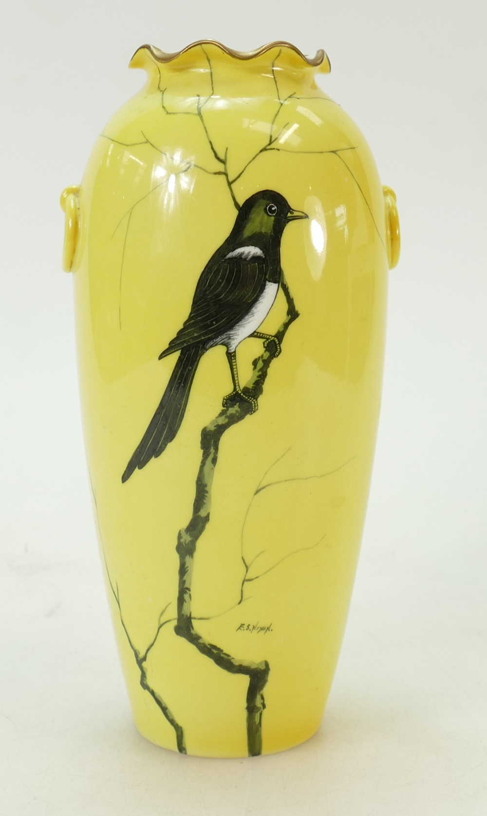 Cauldon hand decorated vase: Cauldon vase of a Magpie in branches signed by E S Nixon 20cm high.