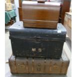 A collection of items to include: Tin Travelling trunk,