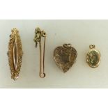 9ct gold brooches: 9ct gold imp brooch, 9ct rose gold brooch with metal pin, 9ct locket, 5.