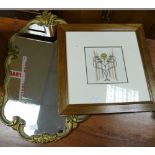 Gilt effect wall mirror & framed tapestry item.