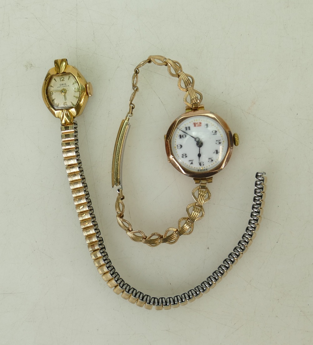 Early 20th Century ladies 9ct Gold Wristwatch: on rolled gold bracelet together with later Oris