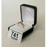 9ct ladies ring: 9ct ring set with semi precious purple stones, size Q, .2 grams.