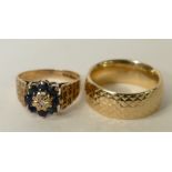 9ct gold rings: 9ct gold bright cut wedding ring, size Q, 2.6 grams and 9ct ladies gem set ring 3.