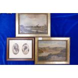 Pair 19th century oil paintings on board: Landscape and country house scenes together with a print