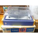 Goldring Lenco GL75 turntable and Trio tuner: Turntable fitted to light beech and blue fabric