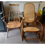 Ercol Priory Style Arm Chair and bent wood Rocker: Arm chair together with Mid Century wicker