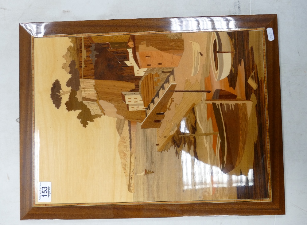 Inlaid panel: Sorrento wood inlaid panel with Harbour coastal scene.