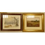 Framed Pictures: Water colour of landscape scenery, together with print of deer.