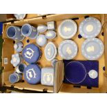 A collection of Wedgwood jasperware items: including ashtrays, pin boxes, sweat boxes,