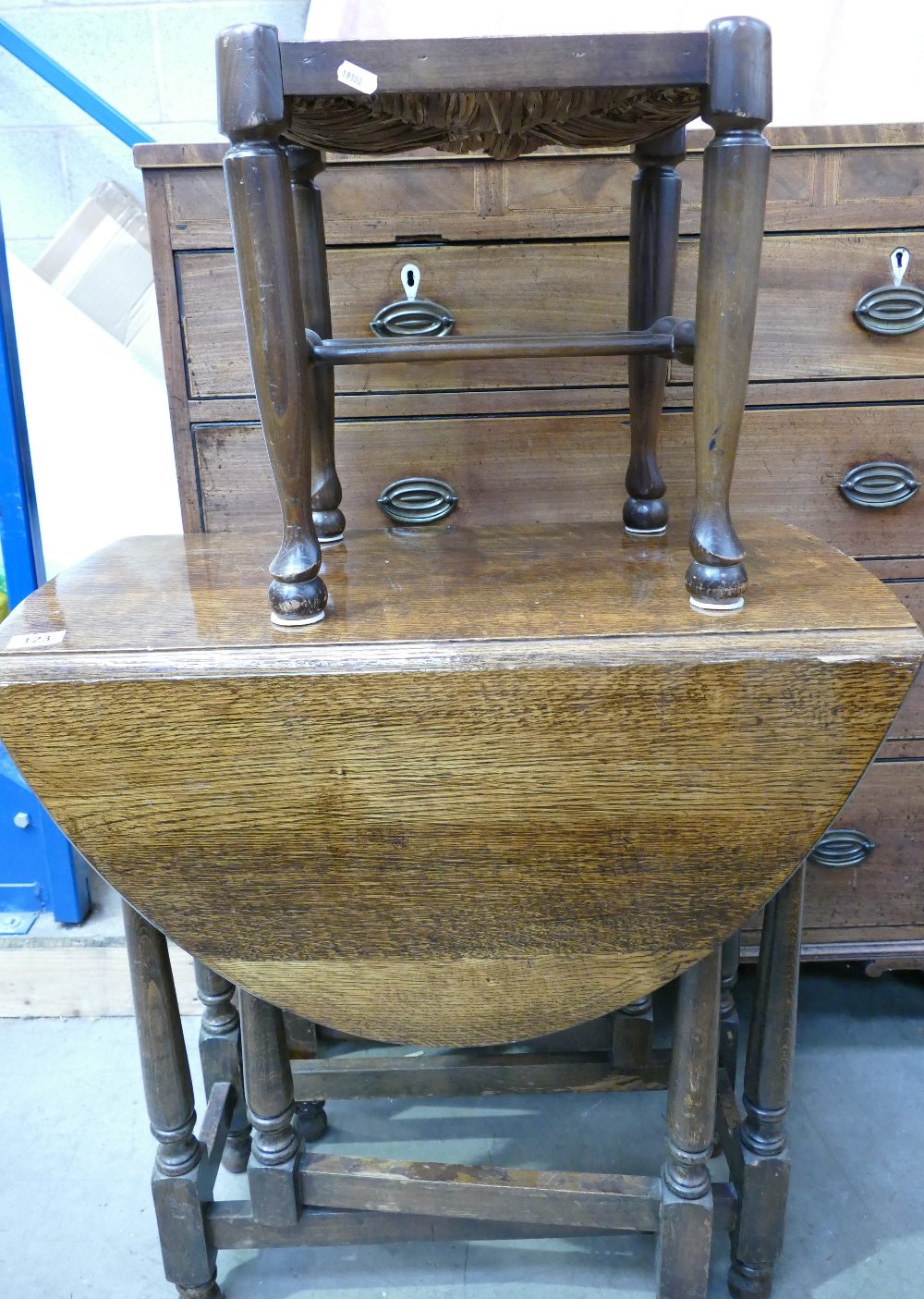 Unusual Tall Oak Gate leg table: together with rush seated stool(2)
