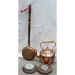 Kettle, Bed Pan and Barometers: A large copper kettle, small bed pan, and two damaged barometers.