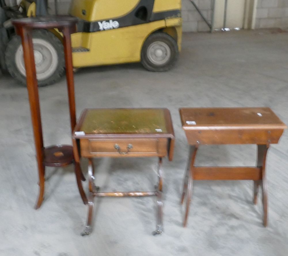 Mahogany Inlaid Hall stand: small occasional table & tall stool(3)