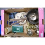 A mixed collection of items to include: victorian brass pans, silver plated items,