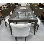 Modern Canadian made dark wood & glass paneled extending table & upholstered matching chairs: Table