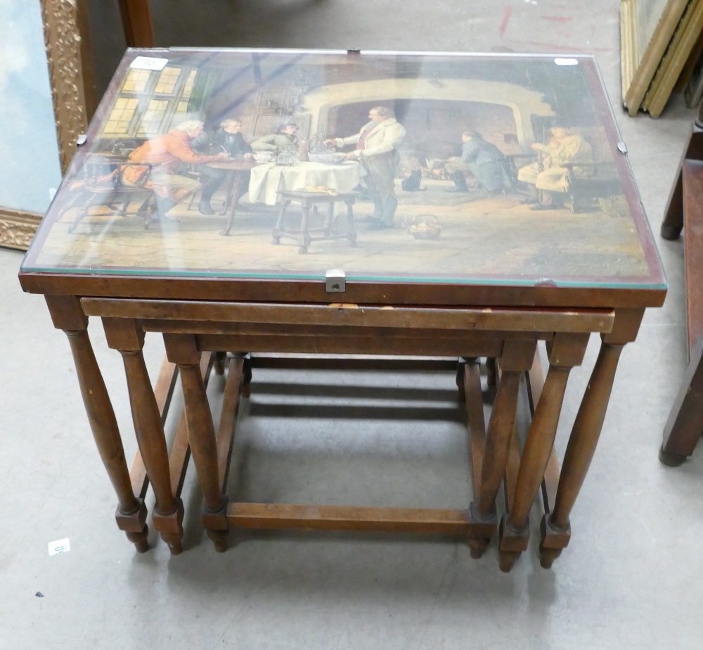 Unusual Oak Nest of tables with 18th century scene prints to upper surfaces: