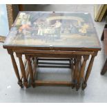Unusual Oak Nest of tables with 18th century scene prints to upper surfaces: