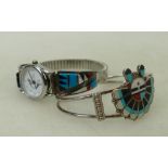 A collection of Southwestern enamelled and silver ladies jewellery: Silver & enamelled wristwatch