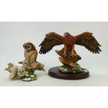 Royal Doulton large resin large Golden Eagle on Plinth: together with similar figure of 3 owls(