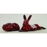 Royal Doulton flambe models of hares : Royal Doulton Flambe large model of hare lying,