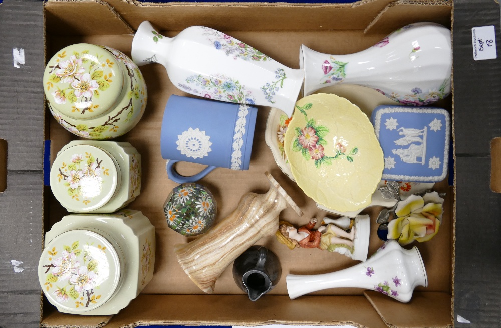 A mixed collection of items to include: Sadlers lidded pots, Wedgwood Jasperware,