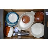 A mixed collection of items including grey Le Cruset vegetable bowl, Wedgwood cookware,